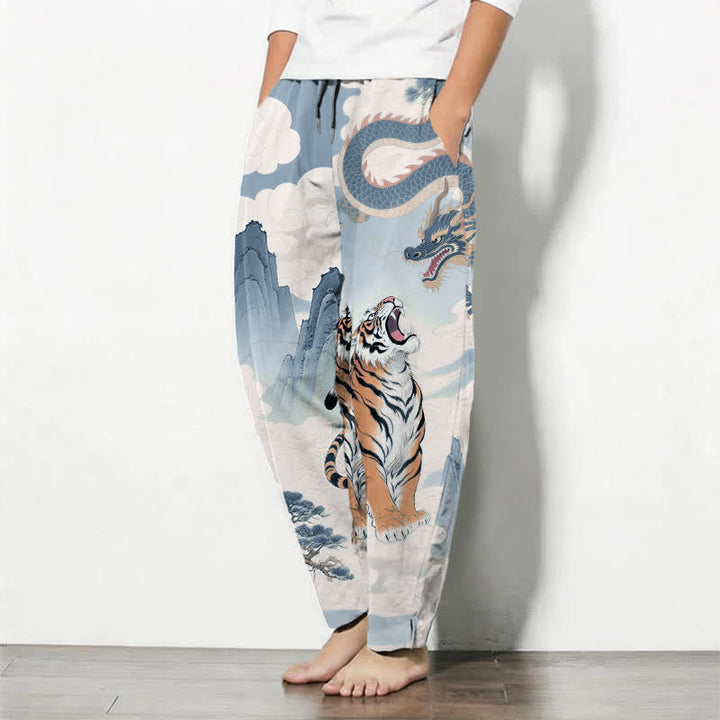 Buddha Stones Pure Cotton Tiger Dragon Landscape Pattern Drawstring Men's Tapered Pants With Pockets - image 15