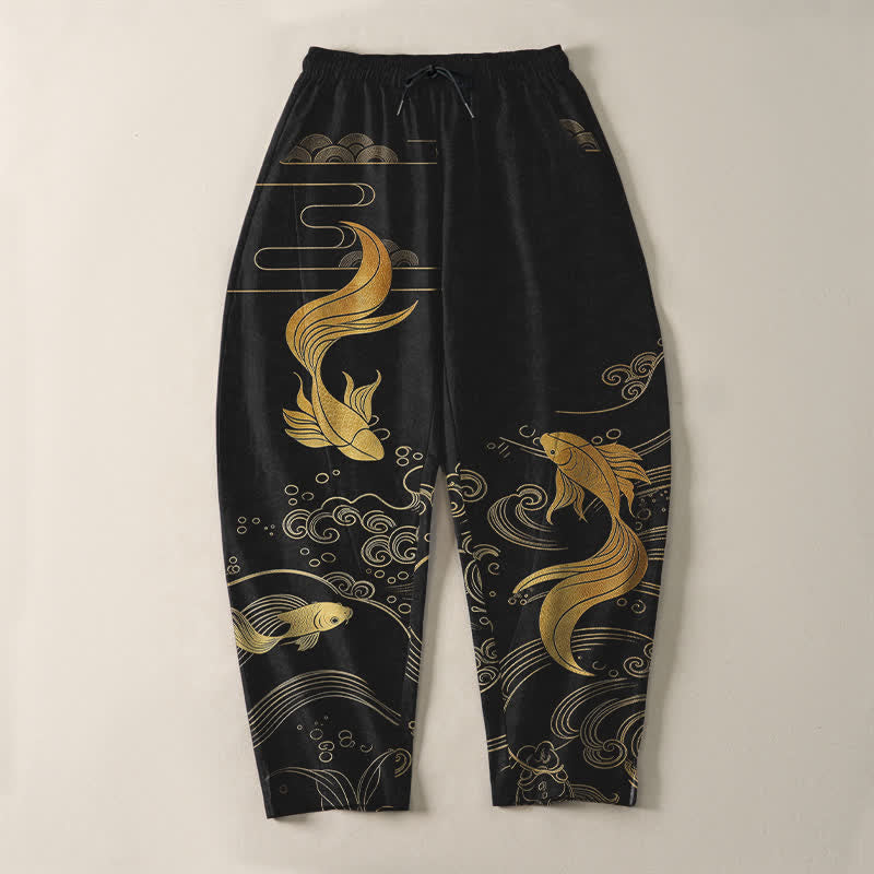 Buddha Stones Pure Cotton Golden Koi Fish Wave Pattern Drawstring Men's Tapered Pants With Pockets - image 2