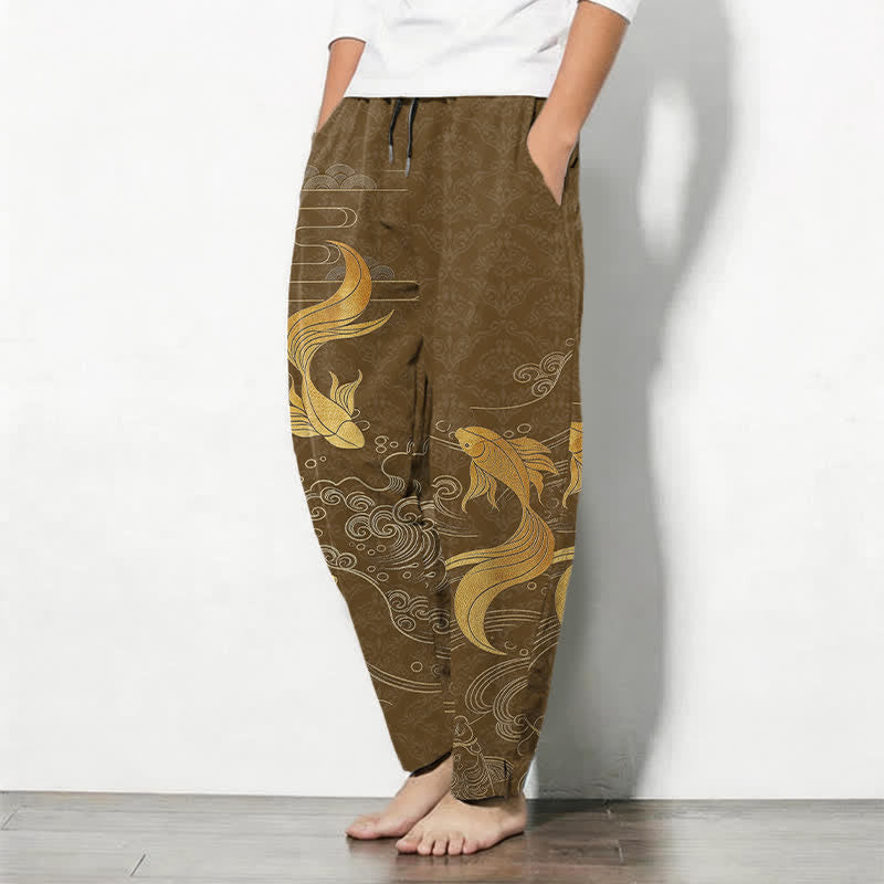 Buddha Stones Pure Cotton Golden Koi Fish Wave Pattern Drawstring Men's Tapered Pants With Pockets - image 8