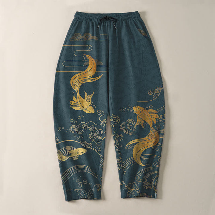 Buddha Stones Pure Cotton Golden Koi Fish Wave Pattern Drawstring Men's Tapered Pants With Pockets - image 13