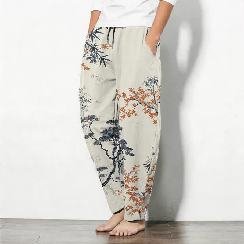 Buddha Stones Pure Cotton Maple Bamboo Pine Pattern Drawstring Men's Tapered Pants With Pockets - image 1