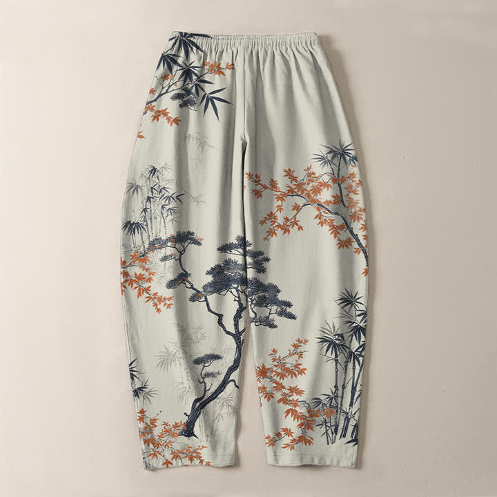Buddha Stones Pure Cotton Maple Bamboo Pine Pattern Drawstring Men's Tapered Pants With Pockets - image 3
