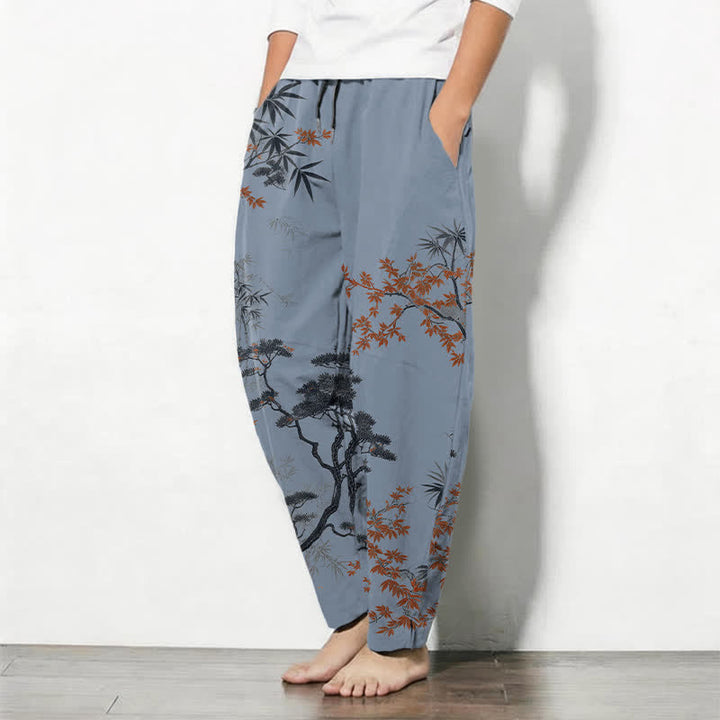 Buddha Stones Pure Cotton Maple Bamboo Pine Pattern Drawstring Men's Tapered Pants With Pockets - image 12