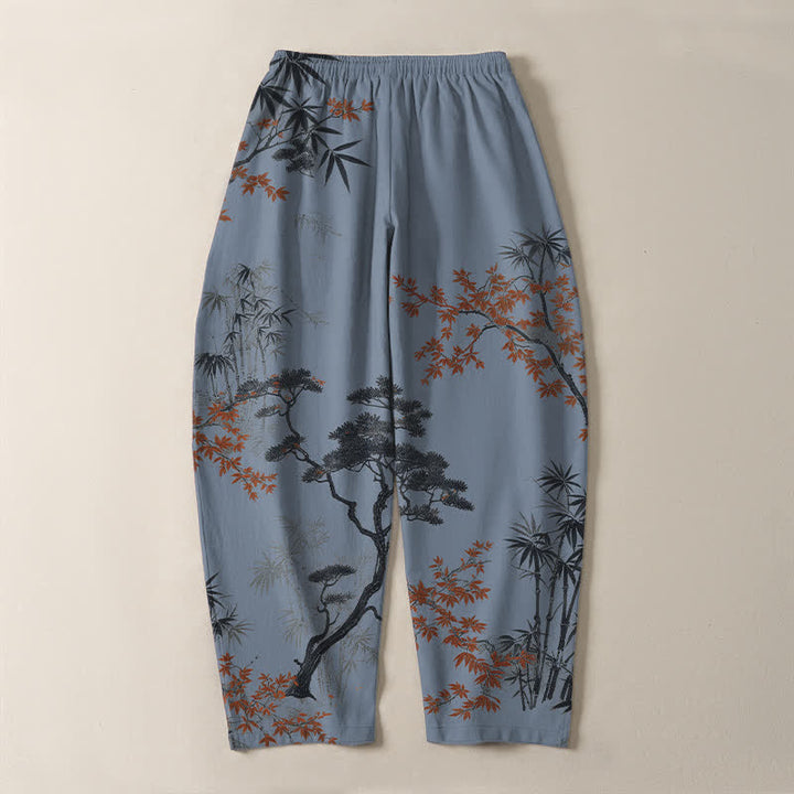 Buddha Stones Pure Cotton Maple Bamboo Pine Pattern Drawstring Men's Tapered Pants With Pockets - image 14