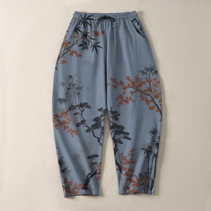 Buddha Stones Pure Cotton Maple Bamboo Pine Pattern Drawstring Men's Tapered Pants With Pockets - image 13