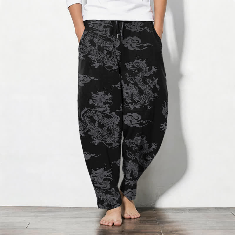 Buddha Stones Pure Cotton Dark Dragon Cloud Pattern Drawstring Men's Tapered Pants With Pockets - Black - US/UK/AU50，EU60 (5XL) - image 0