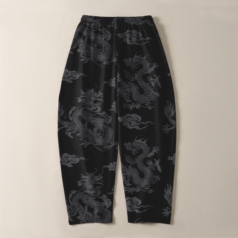 Buddha Stones Pure Cotton Dark Dragon Cloud Pattern Drawstring Men's Tapered Pants With Pockets - image 3