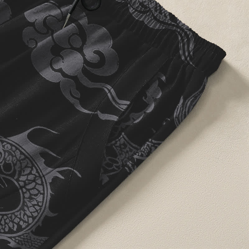 Buddha Stones Pure Cotton Dark Dragon Cloud Pattern Drawstring Men's Tapered Pants With Pockets - image 4
