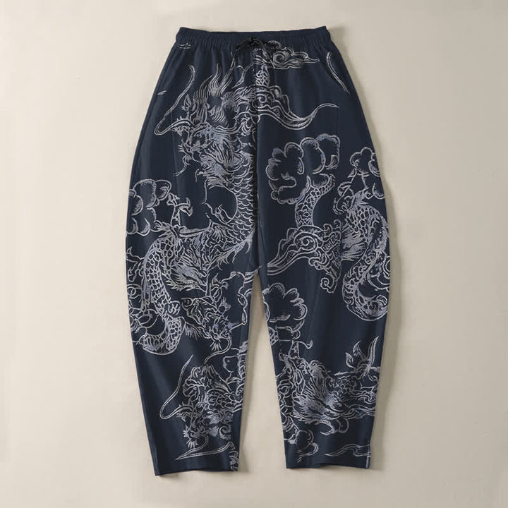 Buddha Stones Pure Cotton Dragon Cloud Pattern Drawstring Men's Tapered Pants With Pockets - image 2