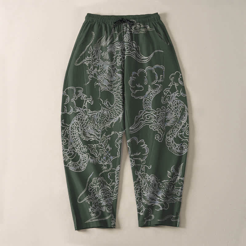 Buddha Stones Pure Cotton Dragon Cloud Pattern Drawstring Men's Tapered Pants With Pockets - image 9