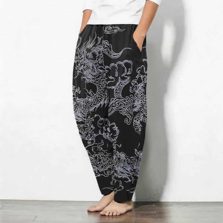 Buddha Stones Pure Cotton Dragon Cloud Pattern Drawstring Men's Tapered Pants With Pockets - image 12