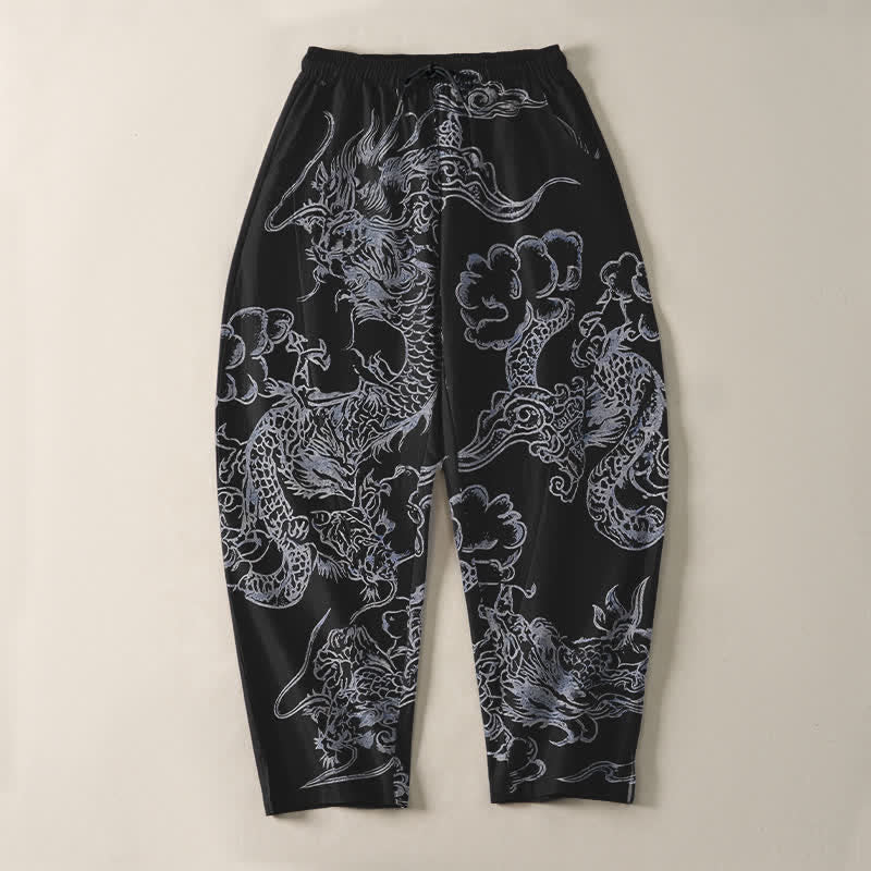 Buddha Stones Pure Cotton Dragon Cloud Pattern Drawstring Men's Tapered Pants With Pockets - image 13