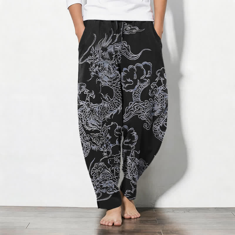 Buddha Stones Pure Cotton Dragon Cloud Pattern Drawstring Men's Tapered Pants With Pockets - Black - US/UK/AU50，EU60 (5XL) - image 11
