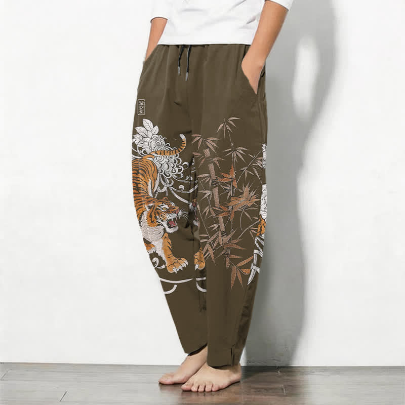 Buddha Stones Pure Cotton Roaring Tiger Bamboo Pattern Drawstring Men's Tapered Pants With Pockets - image 1