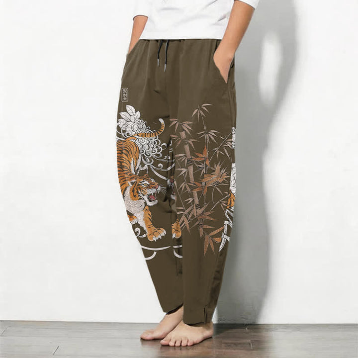 Buddha Stones Pure Cotton Roaring Tiger Bamboo Pattern Drawstring Men's Tapered Pants With Pockets - image 1