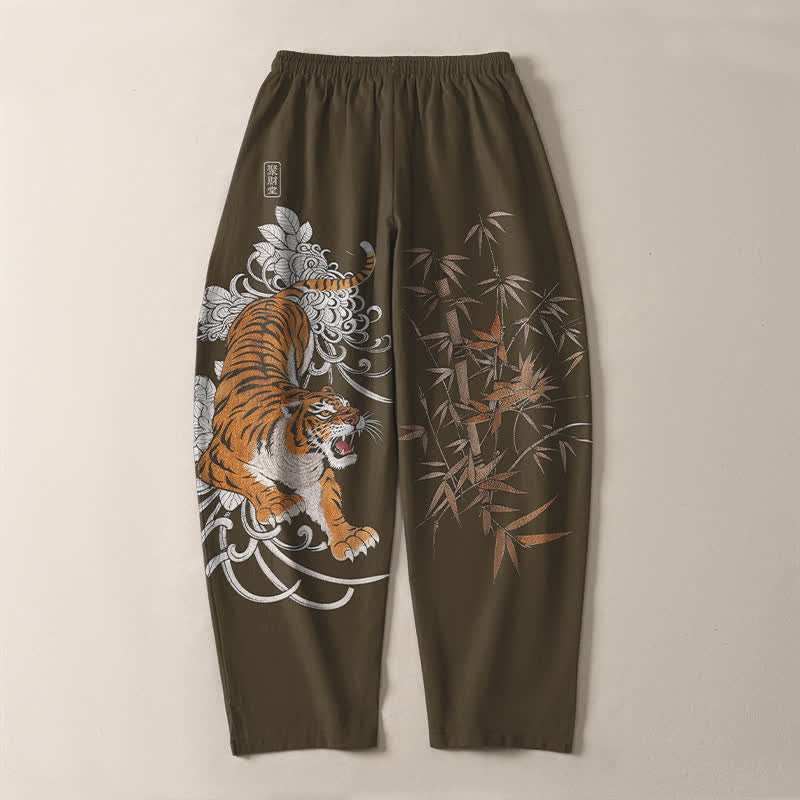 Buddha Stones Pure Cotton Roaring Tiger Bamboo Pattern Drawstring Men's Tapered Pants With Pockets - image 3