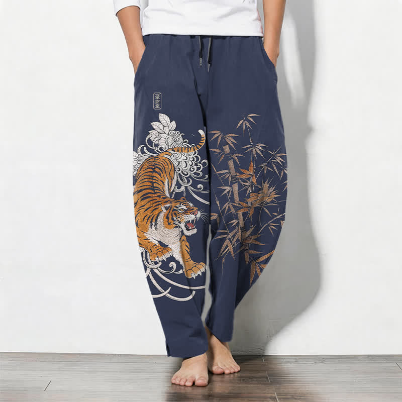 Buddha Stones Pure Cotton Roaring Tiger Bamboo Pattern Drawstring Men's Tapered Pants With Pockets - Navy - US/UK/AU50，EU60 (5XL) - image 7