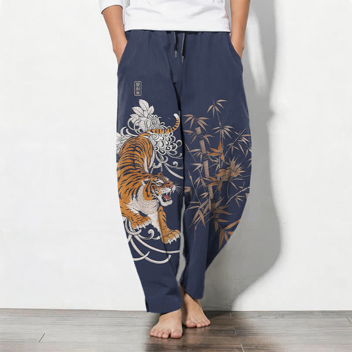 Buddha Stones Pure Cotton Roaring Tiger Bamboo Pattern Drawstring Men's Tapered Pants With Pockets - Navy - US/UK/AU50，EU60 (5XL) - image 7