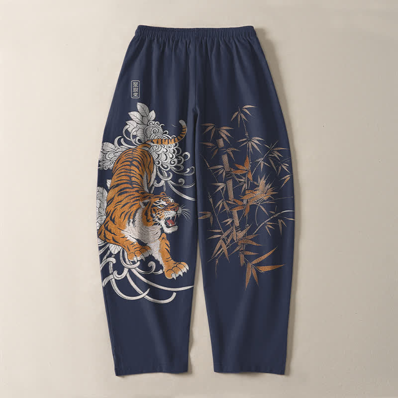 Buddha Stones Pure Cotton Roaring Tiger Bamboo Pattern Drawstring Men's Tapered Pants With Pockets - image 10