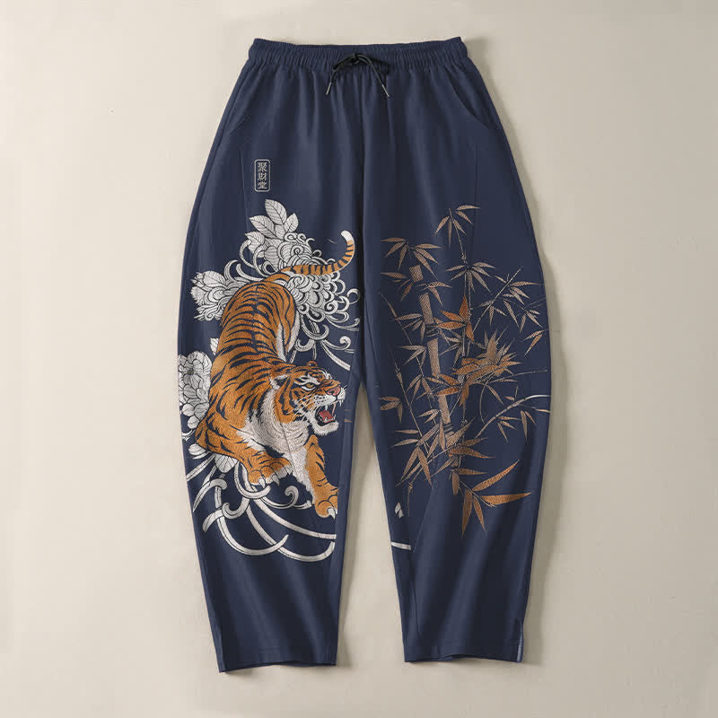 Buddha Stones Pure Cotton Roaring Tiger Bamboo Pattern Drawstring Men's Tapered Pants With Pockets - image 9