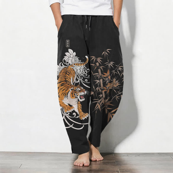 Buddha Stones Pure Cotton Roaring Tiger Bamboo Pattern Drawstring Men's Tapered Pants With Pockets - Black - US/UK/AU50，EU60 (5XL) - image 11