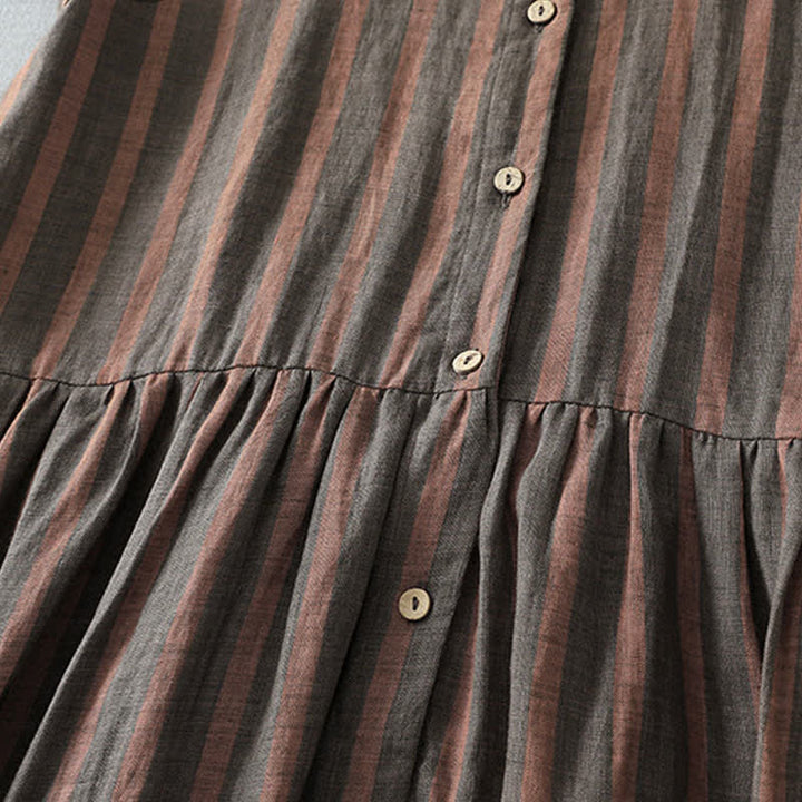 Buddha Stones Summer Casual Vintage Button-Up Striped Women's Short Sleeve Dresses With Pocket - image 8
