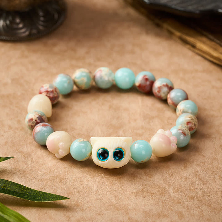 Buddha Stones Shoushan Stone Hand-Carved Cat Purity Relief Bead Bracelet - Blue-eyed Cat (Wrist Circumference: 16–17 cm) - Shoushan Stone (Positive ♥ Harmony) - image 0