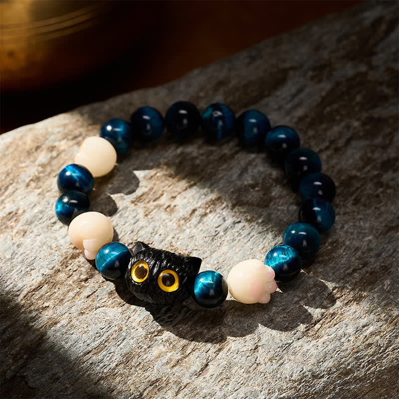 Buddha Stones Blue Tiger Eye Cute Hand-Carved Cat Grounding Bead Bracelet - image 2