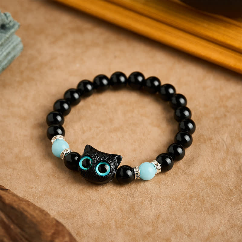 Buddha Stones Black Obsidian Cute Big Eye Cat Protection Beaded Bracelet - image 18