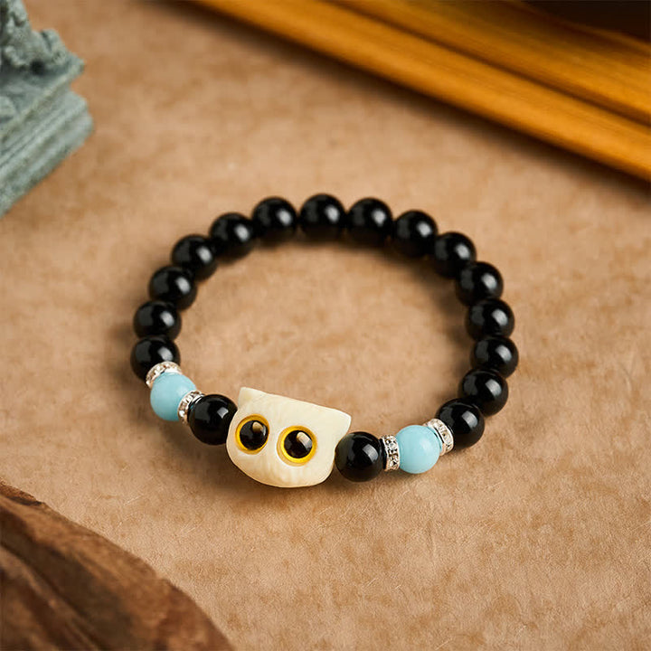 Buddha Stones Black Obsidian Hand-Carved Big Eye Cat Relief Bead Bracelet - image 20