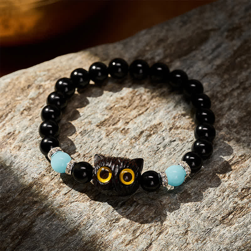 Buddha Stones Black Obsidian Hand-Carved Big Eye Cat Relief Bead Bracelet - image 3
