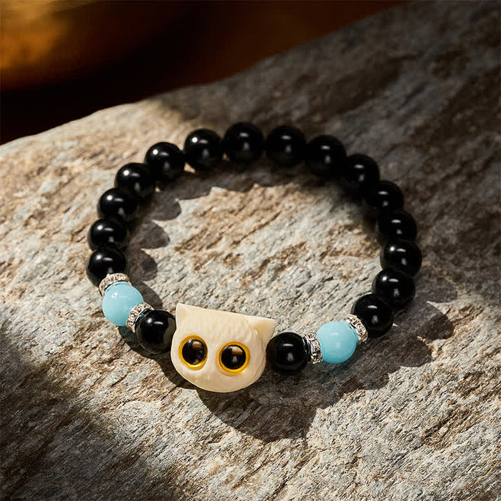 Buddha Stones Black Obsidian Hand-Carved Big Eye Cat Relief Bead Bracelet - image 17