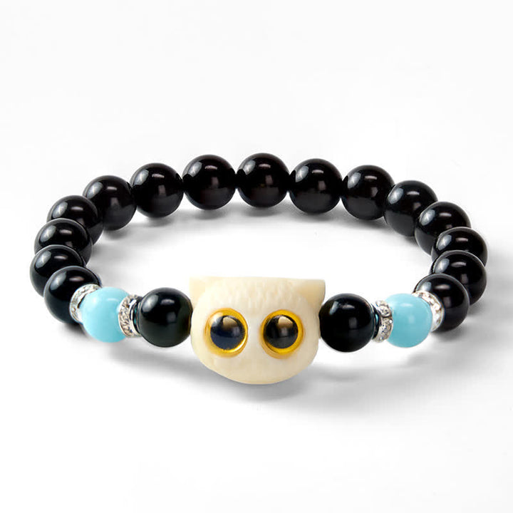 Buddha Stones Black Obsidian Hand-Carved Big Eye Cat Relief Bead Bracelet - image 24