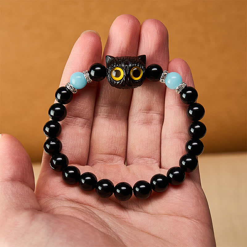 Buddha Stones Black Obsidian Hand-Carved Big Eye Cat Relief Bead Bracelet - image 12