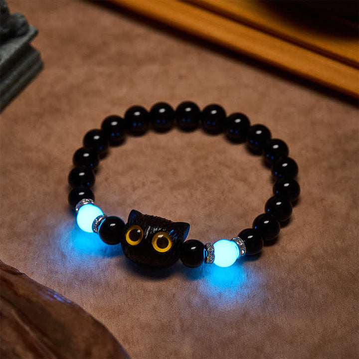 Buddha Stones Black Obsidian Hand-Carved Big Eye Cat Relief Bead Bracelet - Black Cat (Wrist Circumference: 15–16 cm) - Black Obsidian (Purification ♥ Strength) - image 1