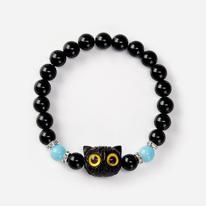 Buddha Stones Black Obsidian Hand-Carved Big Eye Cat Relief Bead Bracelet - image 13