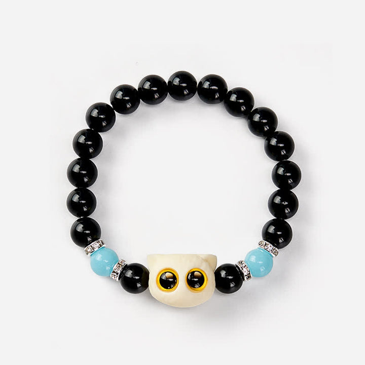 Buddha Stones Black Obsidian Hand-Carved Big Eye Cat Relief Bead Bracelet - image 23