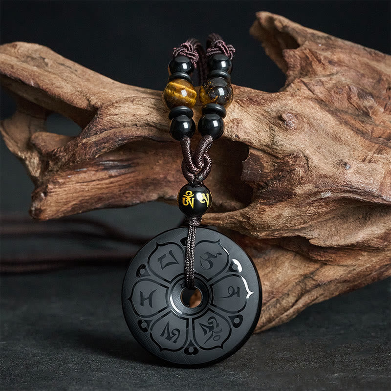 Buddha Stones Black Obsidian Peace Buckle Protection Engraved Braided Necklace - Om Mani Padme Hum(Love ♥ Wisdom) - image 0