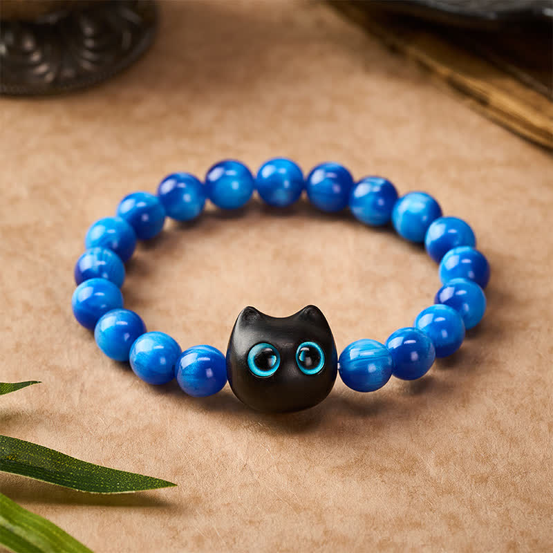 Buddha Stones Blue Resin Beads Ebony Wood Cat Balance Bracelet - image 10