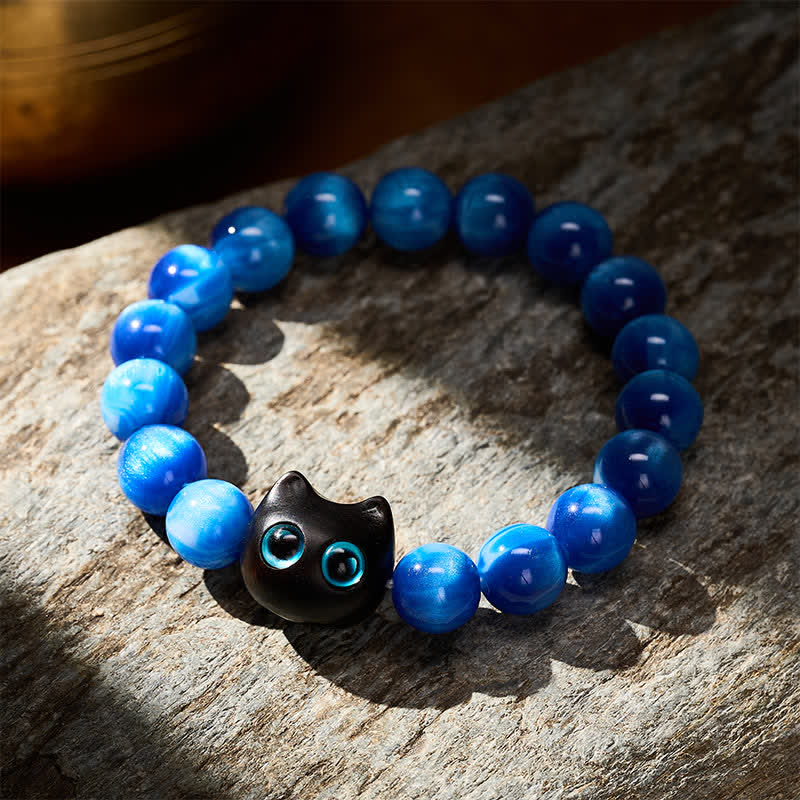 Buddha Stones Blue Resin Beads Ebony Wood Cat Balance Bracelet - image 3