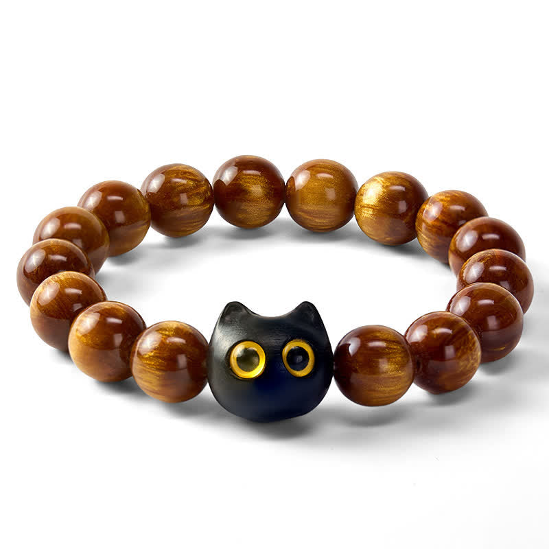 Buddha Stones Yellow Resin Beads Yellow Eyes Ebony Wood Cat Calm Bracelet - image 6
