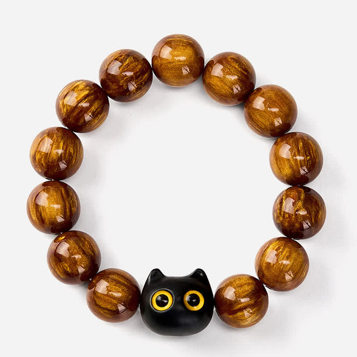Buddha Stones Yellow Resin Beads Yellow Eyes Ebony Wood Cat Calm Bracelet - image 11