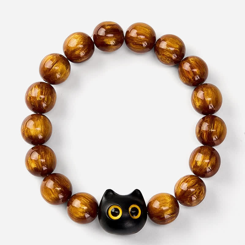 Buddha Stones Yellow Resin Beads Yellow Eyes Ebony Wood Cat Calm Bracelet - image 2