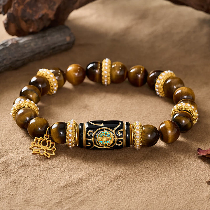 Buddha Stones Natural Yellow Tiger Eye Resin Barrel Bead Lotus Pendant Confidence Round Bead Bracelet - image 2