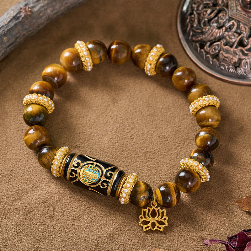 Buddha Stones Natural Yellow Tiger Eye Resin Barrel Bead Lotus Pendant Confidence Round Bead Bracelet - Yellow Tiger Eye (Wrist Circumference: 16–17 cm) - image 0