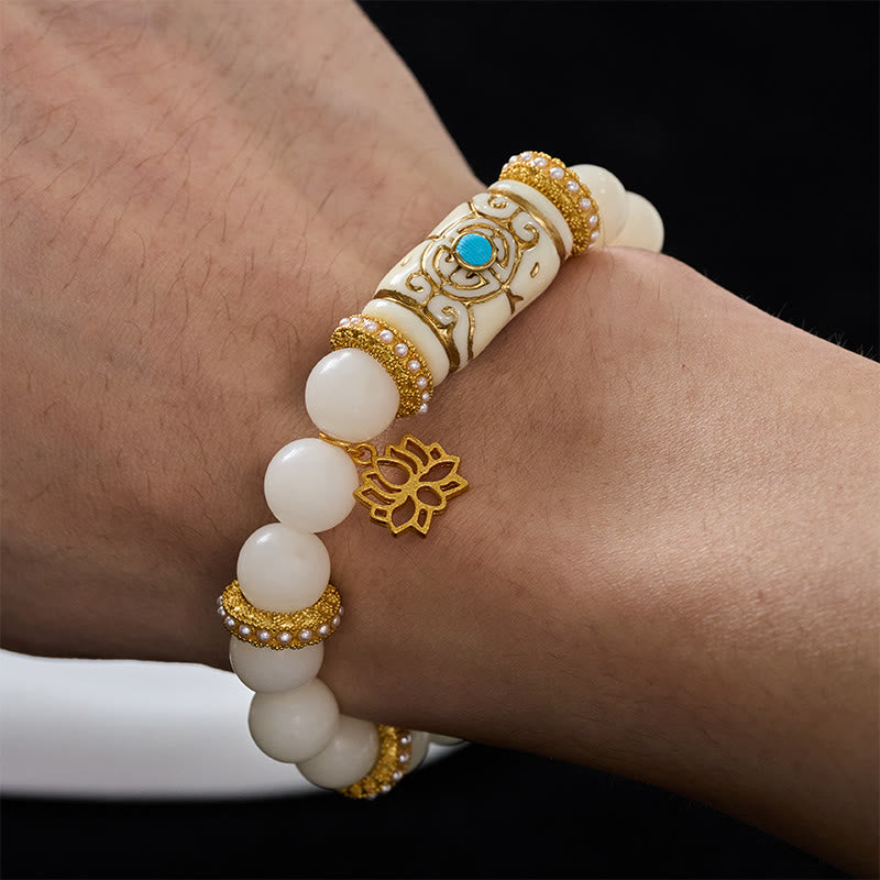 Buddha Stones White Bodhi Seed Resin Barrel Bead Lotus Pendant Round Meditation Bracelet - image 4