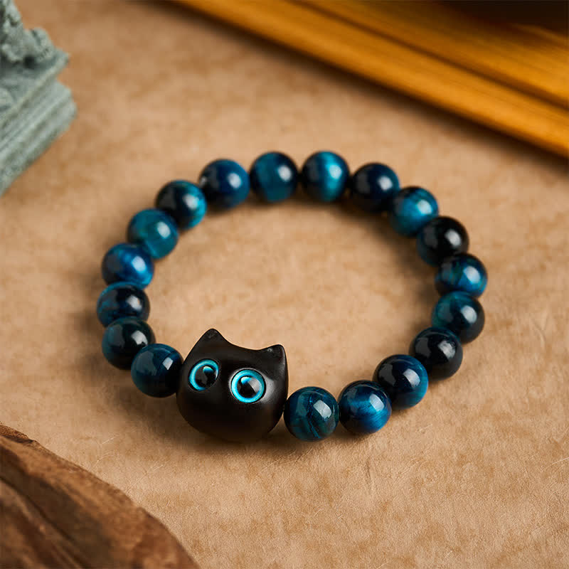Buddha Stones Blue Tiger Eye Ebony Wood Cat Strength Bracelet - 10 mm(Wrist Circumference: 6.3-6.7  in / 16-17cm) - image 0