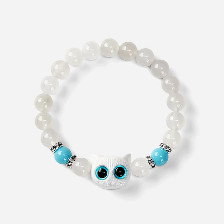 Buddha Stones White Jade Black Obsidian Cute Cat Head Purity Beaded Bracelet - image 9