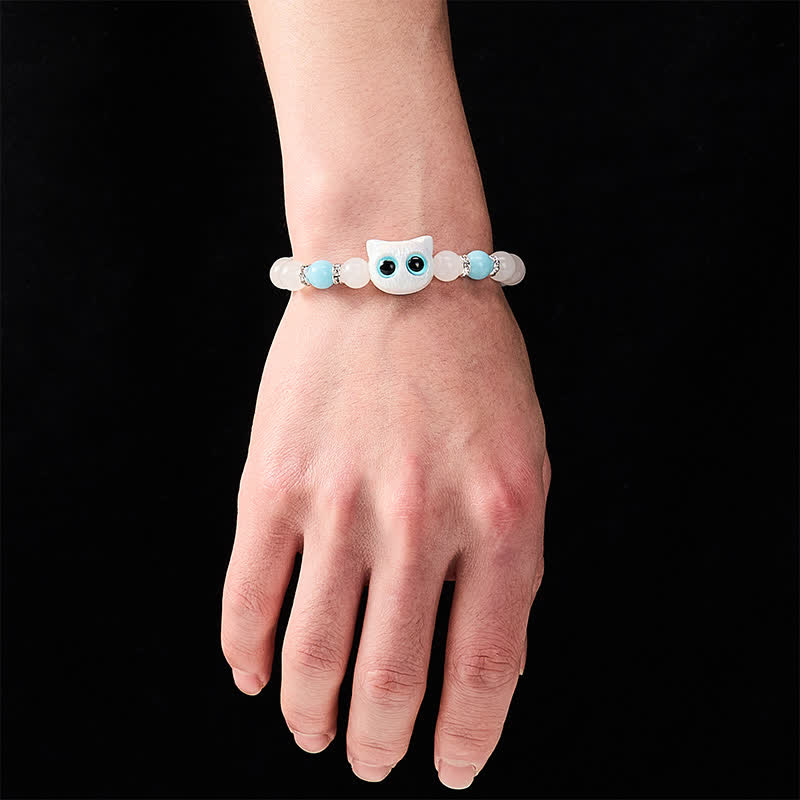 Buddha Stones White Jade Black Obsidian Cute Cat Head Purity Beaded Bracelet - image 5
