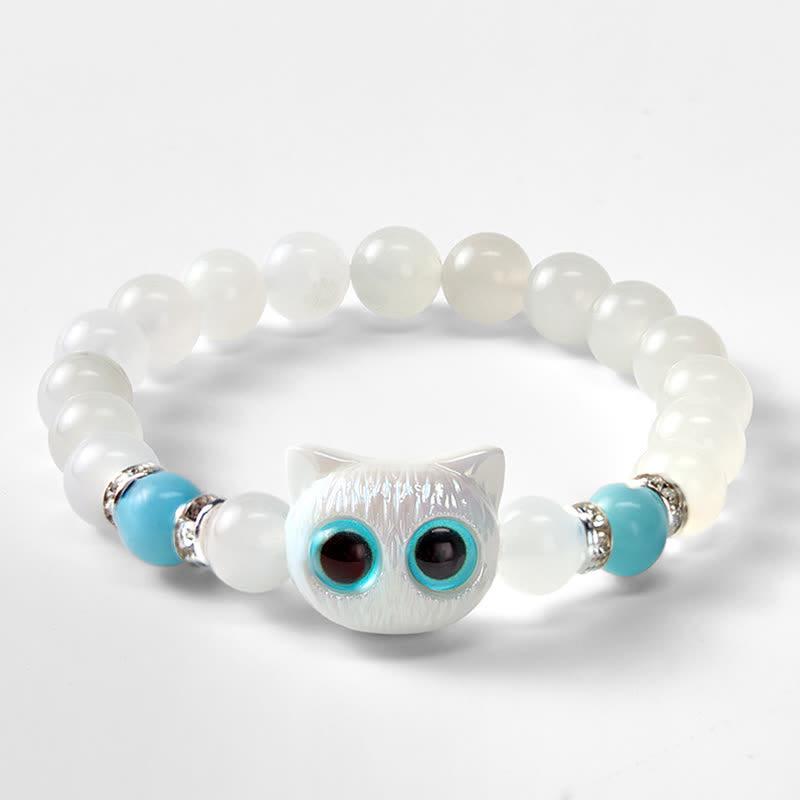 Buddha Stones White Jade Black Obsidian Cute Cat Head Purity Beaded Bracelet - image 10